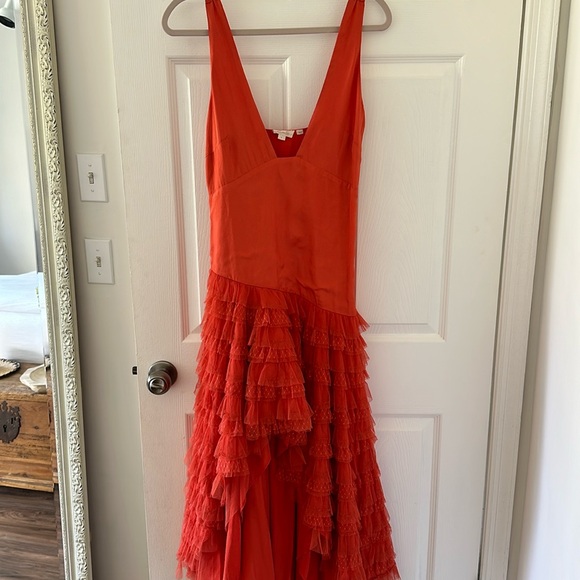 Anthropolgie Let It Be Me Red Orange Ruffle Dress Sz Small - Picture 2 of 8